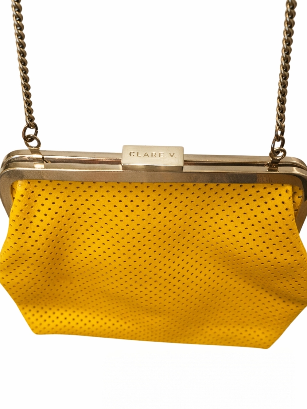 CLARE V | Yellow Perforated Leather Frame Bag Crossbody Shoulder Bag - Picture 2 of 8